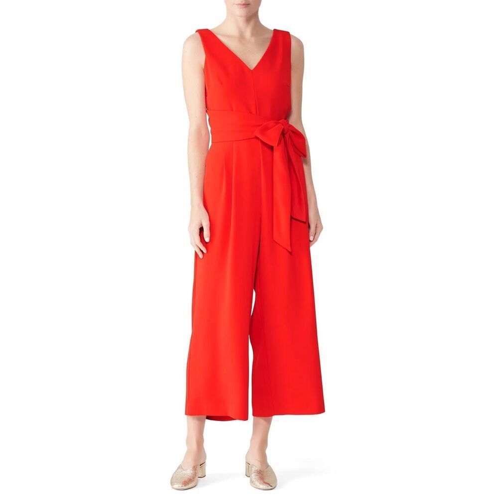 J Crew Jumpsuit 365 Crepe Wide Leg Wrap‎ Tie Stretch Poplin Red size 14